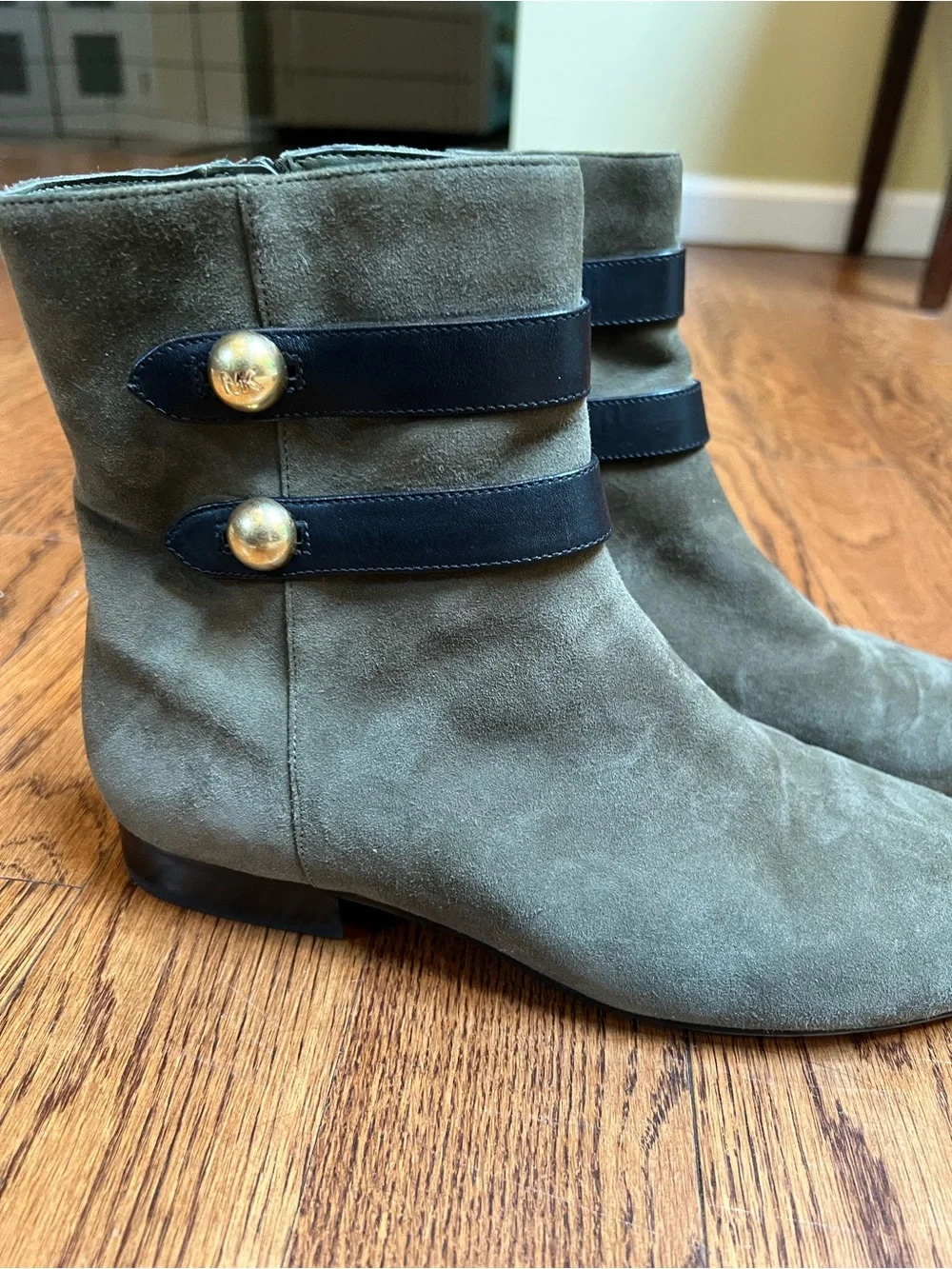 Michael Kors Olive Suede Ankle Boots with Black Straps & Gold Buttons